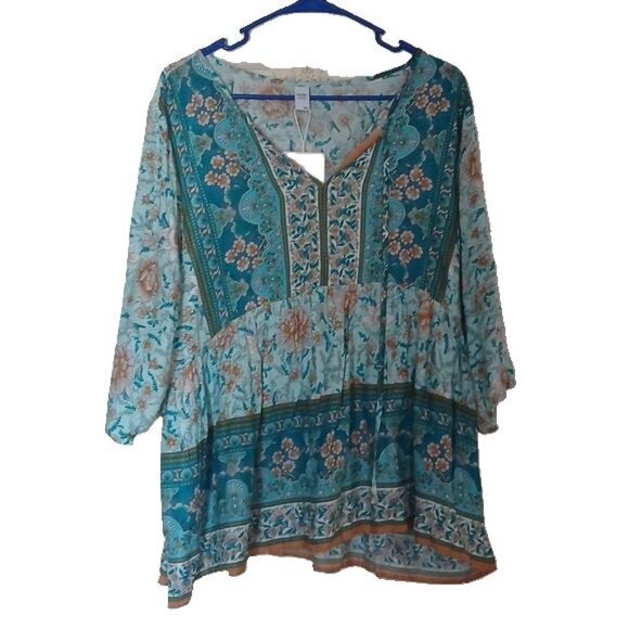Women"s Boho Short Sleeve Top by Brown Coco Size 0XL NWT - Picture 1 of 4